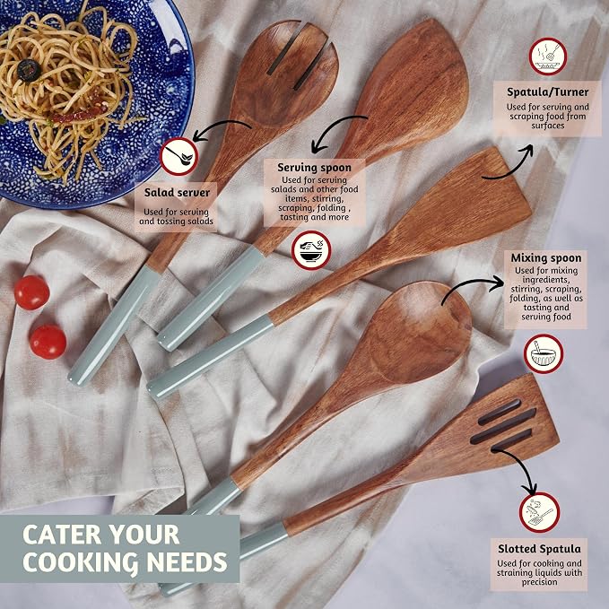 Folkulture Wooden Spoons for Cooking | 12" Premium Acacia Wooden Utensil Set of - Image 2