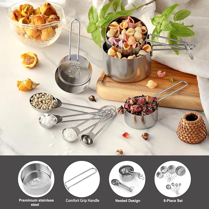 8PCS Measuring Cups, OHOLA Stainless Steel Measuring Cups and Spoons Set - Image 3