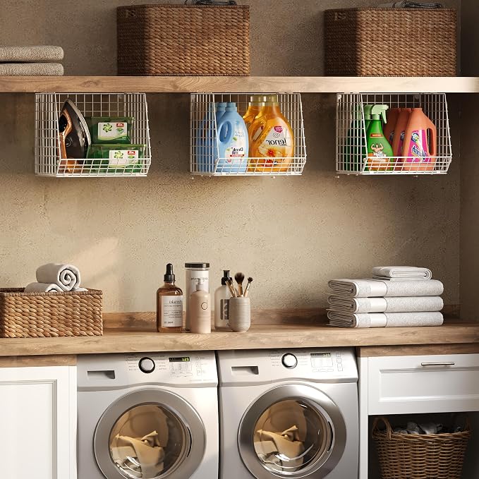 3 Pack Screw Mount Under The Wooden Shelf Laundry Room Organizer: Foldable Wire - Image 2