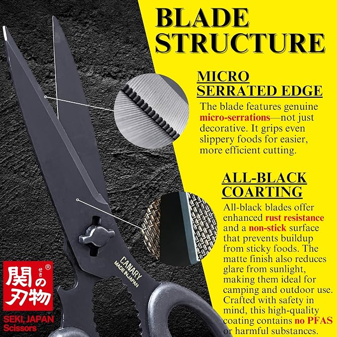 CANARY Japanese Kitchen Scissors All Purpose Heavy Duty 8.2" Matte Black - Image 4