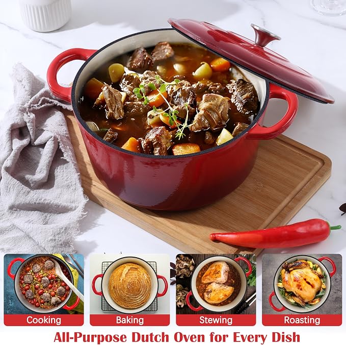 E-far Enameled Dutch Oven Pot for Bread Baking, 6QT Enameled Cast Iron Cookware - Image 4