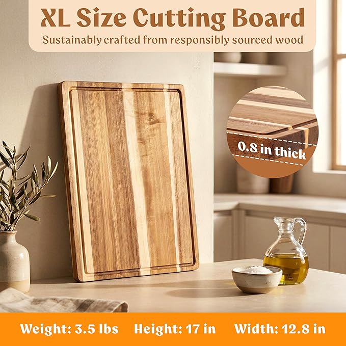 Acacia Wood XL Cutting Board for Kitchen, Large Cutting Board 17.1 × 12.8 - Image 2