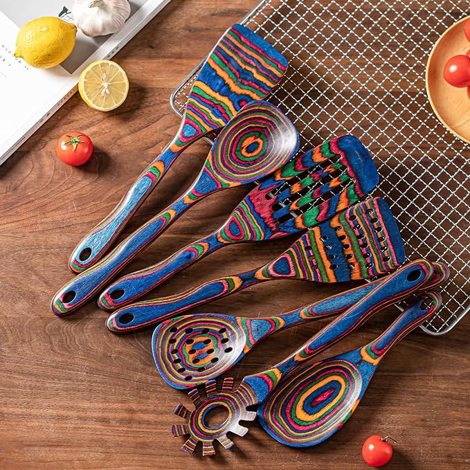 Gudamaye Pakka wood 7-Piece Blue Wooden Cooking Utensils, Wooden Spoons - Image 2