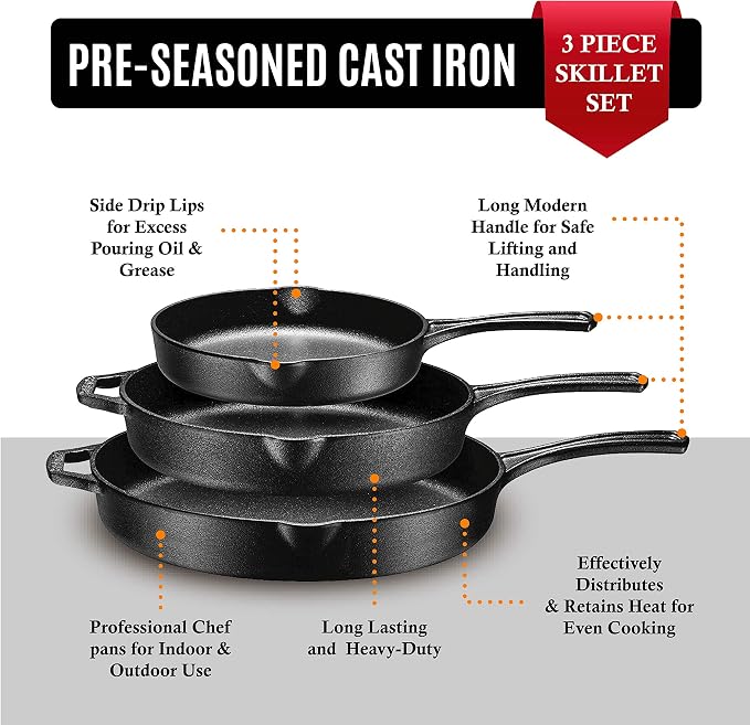 Bruntmor 8, 10 and 12 Inch Pre-Seasoned Frying Pan Set of 3, Oven Safe Skillet - Image 2