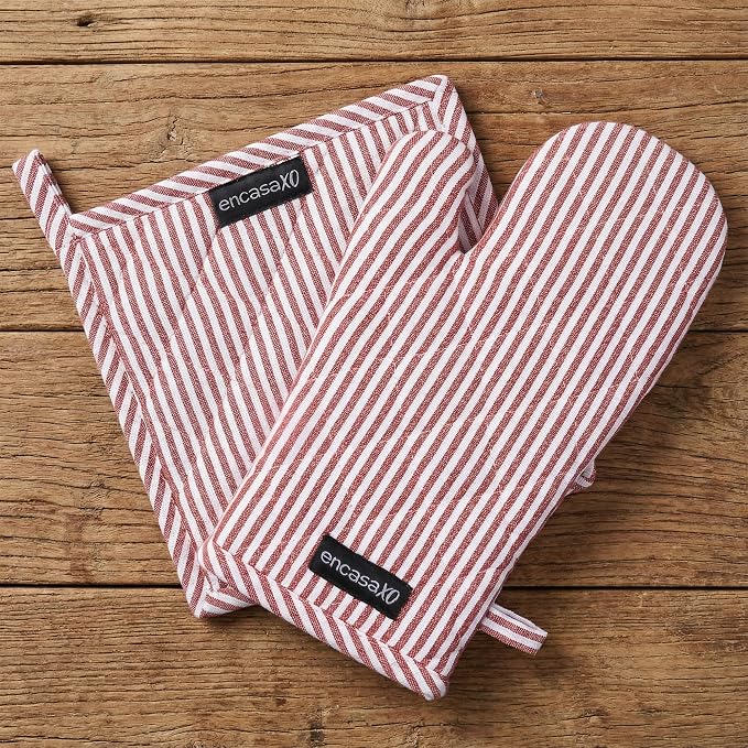 Encasa XO Heat Resistant 100% Cotton Oven Glove & Potholder Set by EncasaXO
