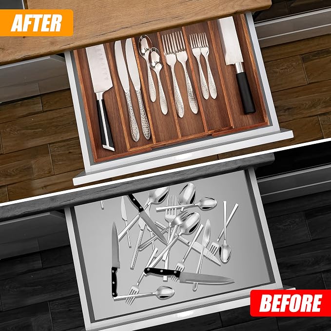 Bellsal Acacia Silverware Organizer Kitchen Drawer Organizer Expandable Bamboo - Image 2