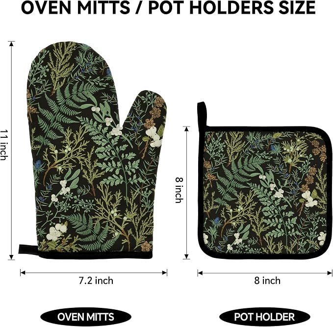 Botanical Print Floral Oven Mitts and Pot Holders Sets Black Sage Green Leaves - Image 2