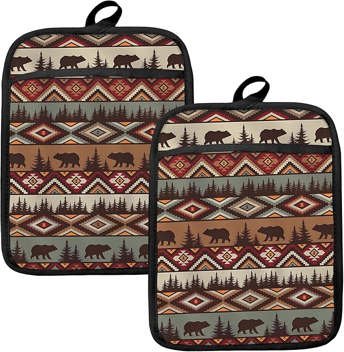 Western Aztec Bear Oven Mitts Set, Camping Camper RV Gifts, Aztec Native Tribal by HUGANE