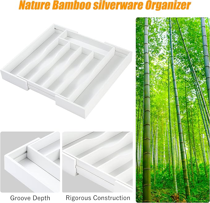 Bellsal White Silverware Organizer Kitchen Drawer Organizer Expandable Bamboo - Image 6