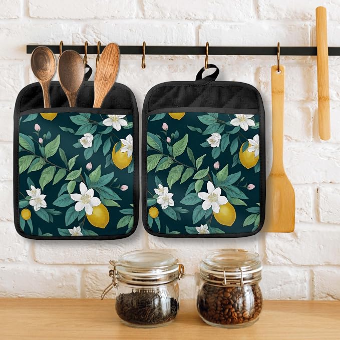 Dark Green Lemon Floral Pot Holders - Image 3