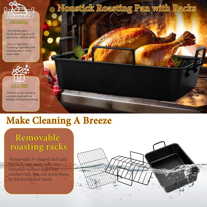 E-far Roasting Pan with Racks, Large Stainless Steel Turkey Roaster with - Image 7