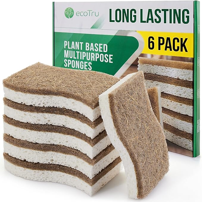 6 Pack Natural Kitchen Sponges, Compostable White Cellulose & Organic Coconut by ecoTru