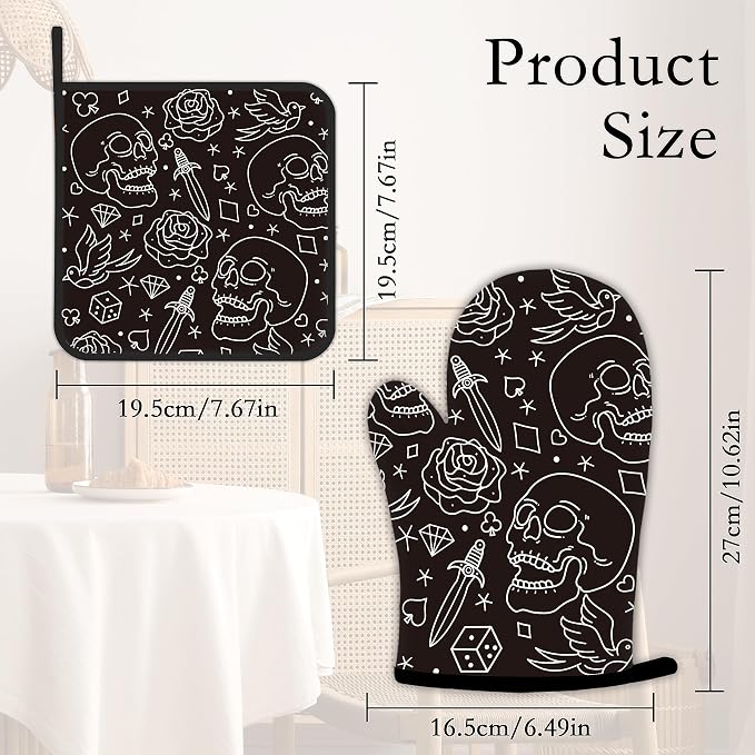 Skull Head with Rose Oven Mitts and Pot Holders Kitchen Cooking Gloves 2 Pcs - Image 4