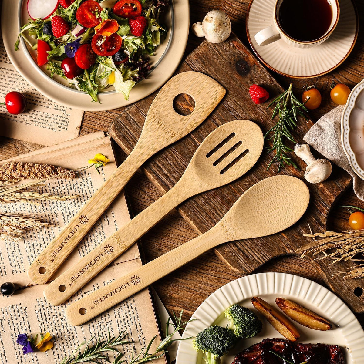 Wooden Spoons for Cooking Bamboo Utensils Set (6 Pieces) - Essential