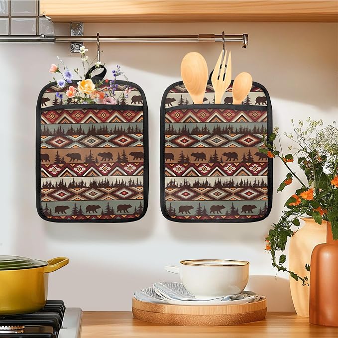 Western Aztec Bear Oven Mitts Set, Camping Camper RV Gifts, Aztec Native Tribal - Image 3