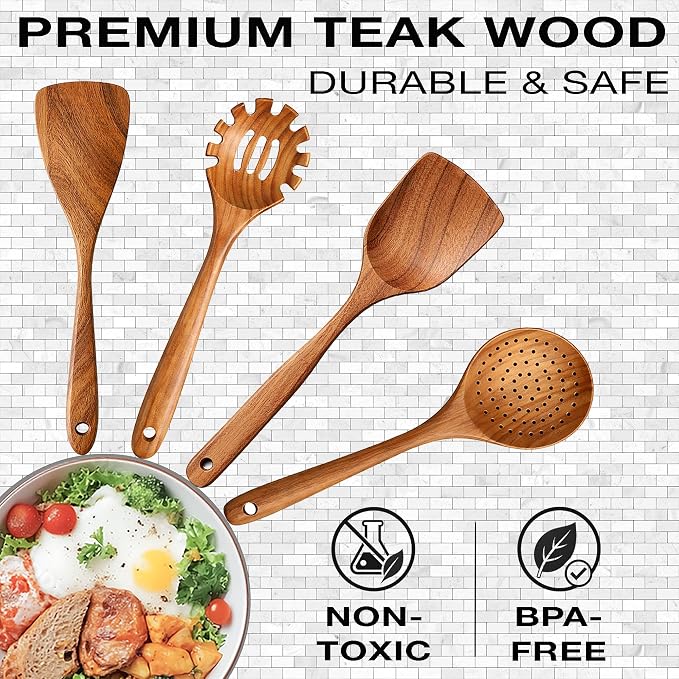 Extra-Large 4-Piece Teak Wooden Utensil Set – Non-Stick Wooden Spatula - Image 2