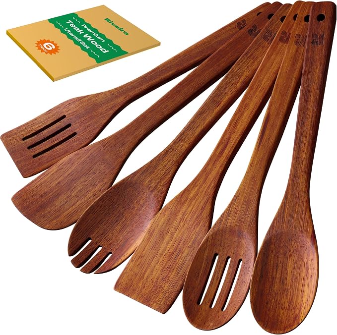 Riveira Teak Wooden Spoons for Cooking Set of 6 – Natural Teak Wooden Cooking by Riveira