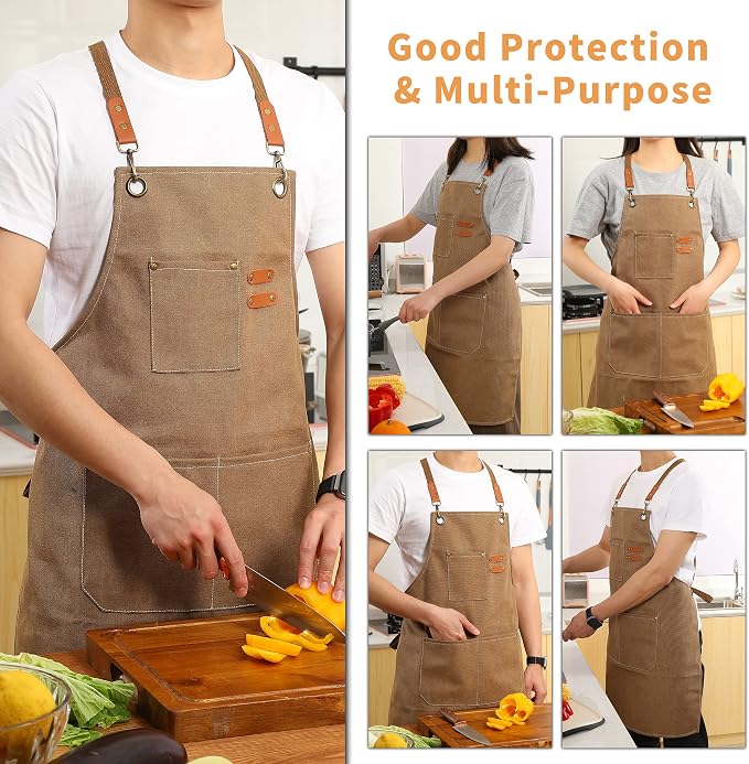 Tosewever Canvas Cross Back Chef Cotton Aprons - Image 4