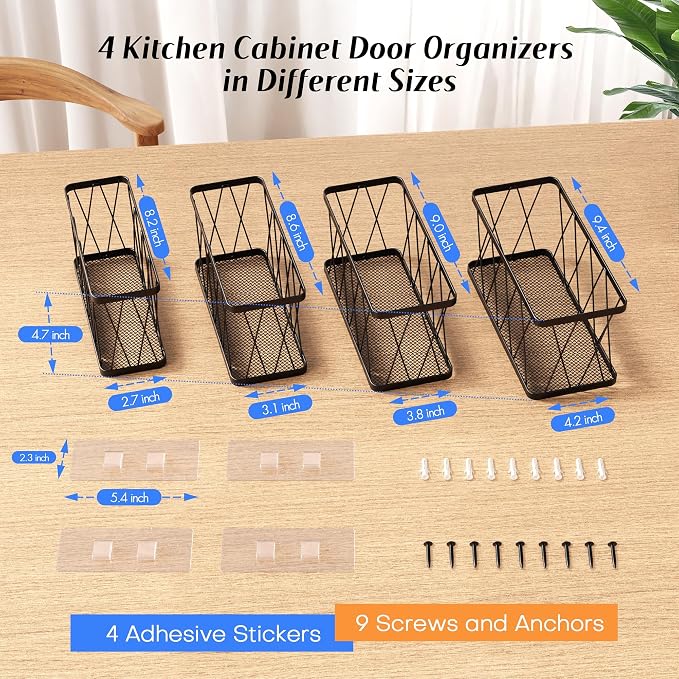 BasicForm 4 Pack Metal Kitchen Inside Cabinet Door Organizer, Adhesive Lid - Image 2