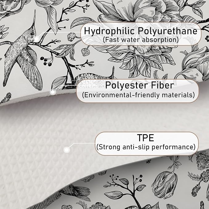 Black and White Floral Hummingbird Dish Drying Mat, Vintage Botanical Coffee - Image 6