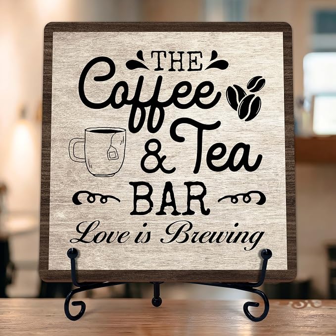 Coffee Bar Sign, Love is Brewing Farmhouse Tabletop Decor, Coffee and Tea Lover by TIRYWT