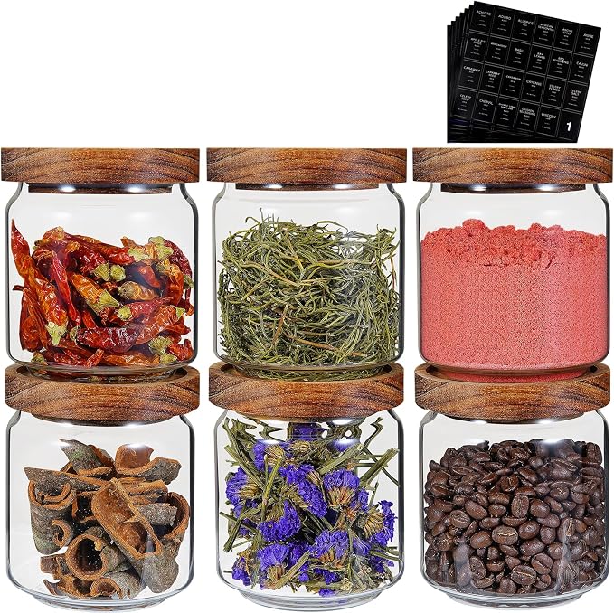 Small Glass Jars with Labels Spice Jar Round Storage Canister with Wooden Lid - Image 2