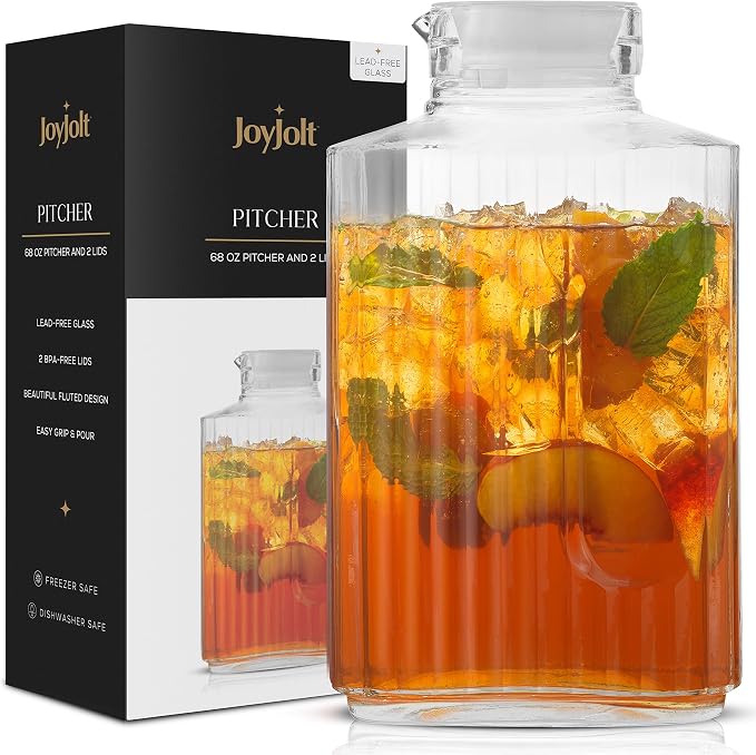 68oz Glass Pitcher with Lid, Rectangle Beverage Serveware and Storage Container by JoyJolt