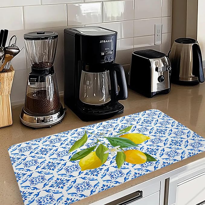 Blue and White Floral Lemon Dish Drying Mat, Mediterranean Tiles Coffee Bar Mat - Image 2