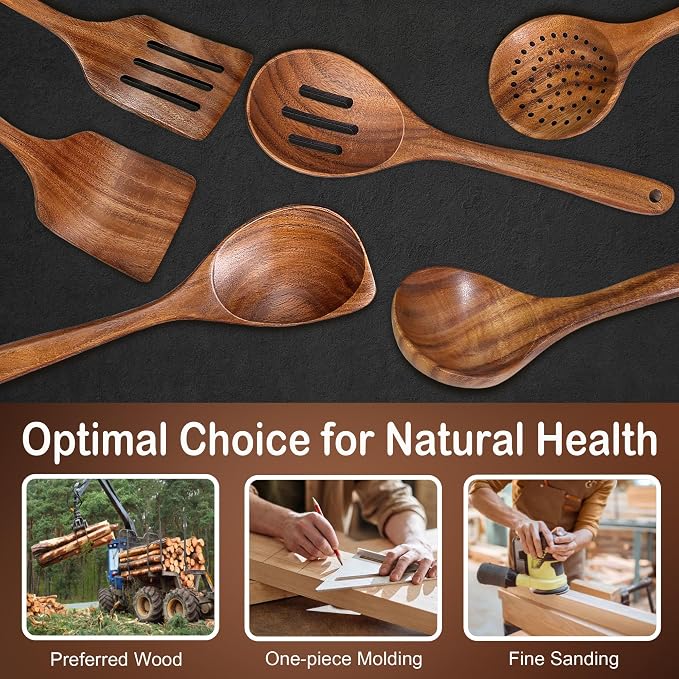 Wooden Spoons for Cooking, Natural Premium 6 Piece Teak Wooden Cooking Utensils - Image 4
