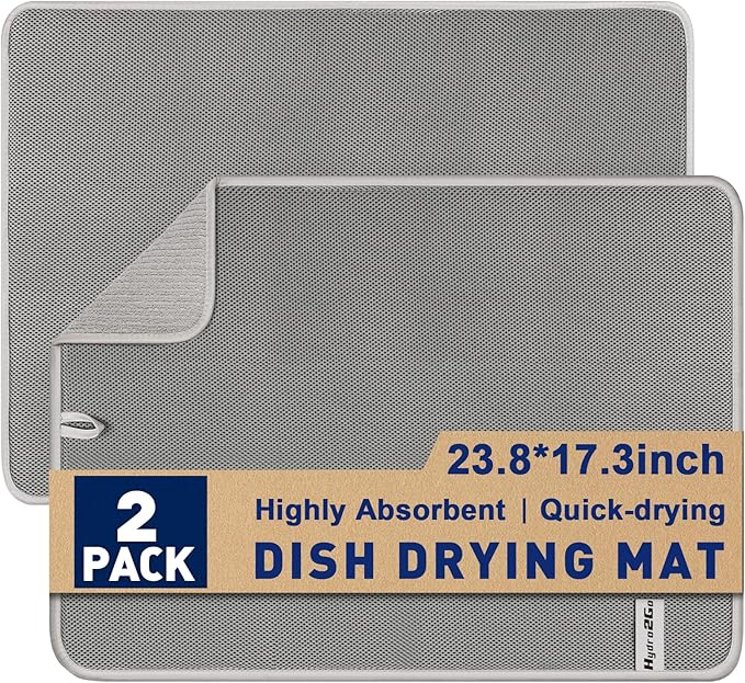 Large Dish Drying Mat 2 Pack, 23.8" x 17.3" Microfiber Ultra Absorbent by Hydro2Go