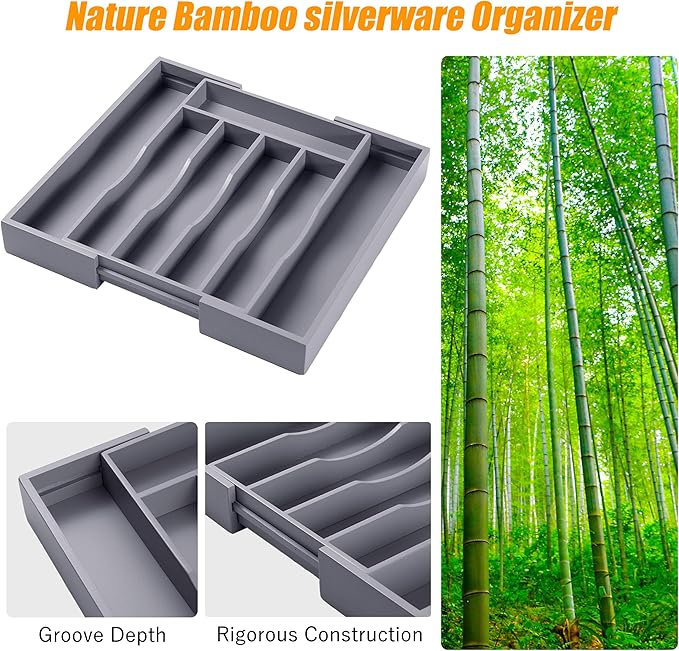 Kitchen Silverware Drawer Organizer and Storage Bamboo Wood Cooking Utensil - Image 4