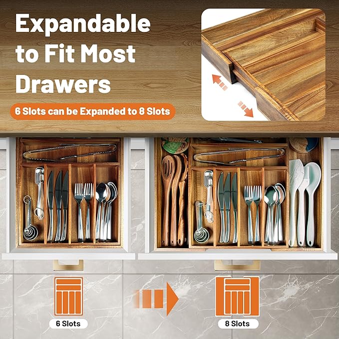 KITEISCAT Acacia Wood Expandable Silverware Organizer, Kitchen Utensil Drawer - Image 6