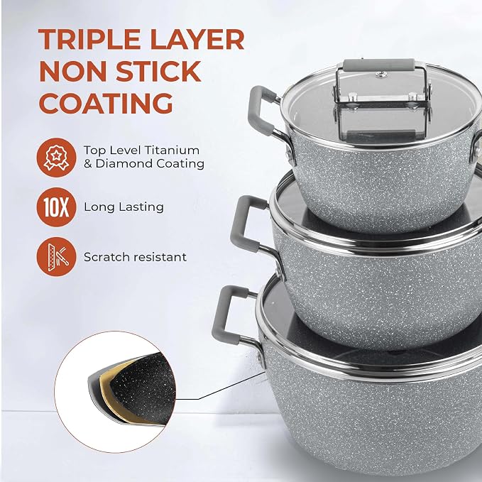 Granitestone Gray Pots and Pans Set Nonstick, 6 Stackable Piece Cooking Pots Set - Image 3