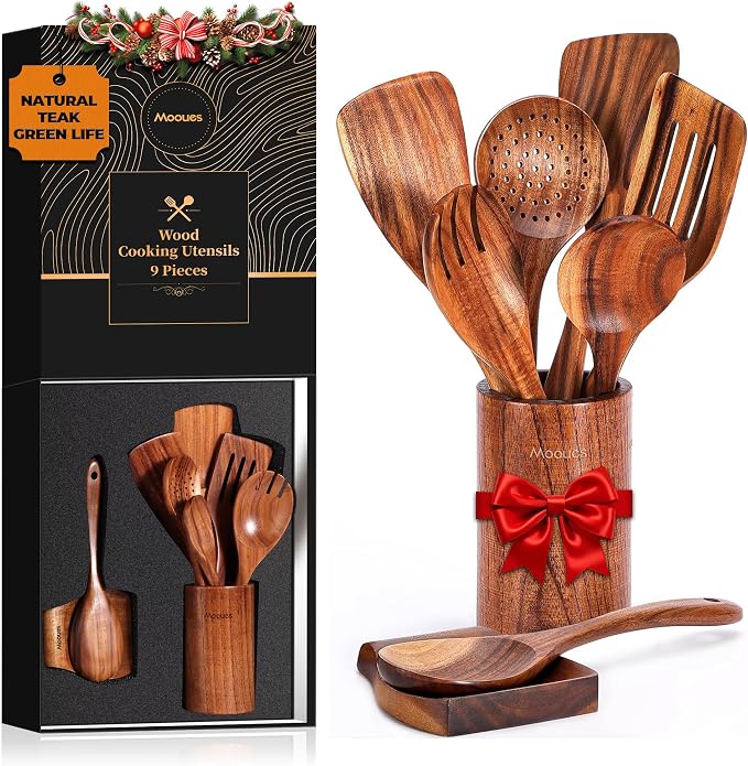 Mooues Wooden Spoons for Cooking, Wooden Utensils for Cooking Natural Teak by Mooues
