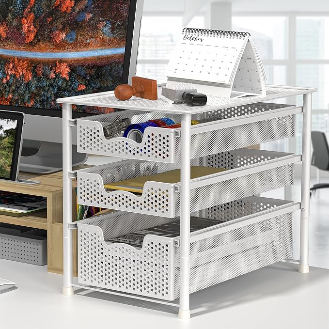 Simple Houseware 3 Tier White Alloy Steel Sliding Basket Organizer Drawer - Image 5