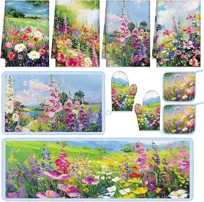 Fourluoo 10 Pcs Spring Kitchen Decor Sets Oil Painting Kitchen Towels Pot by Fourluoo
