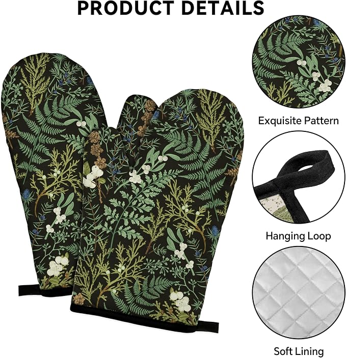 Botanical Print Floral Oven Mitts and Pot Holders Sets Black Sage Green Leaves - Image 3