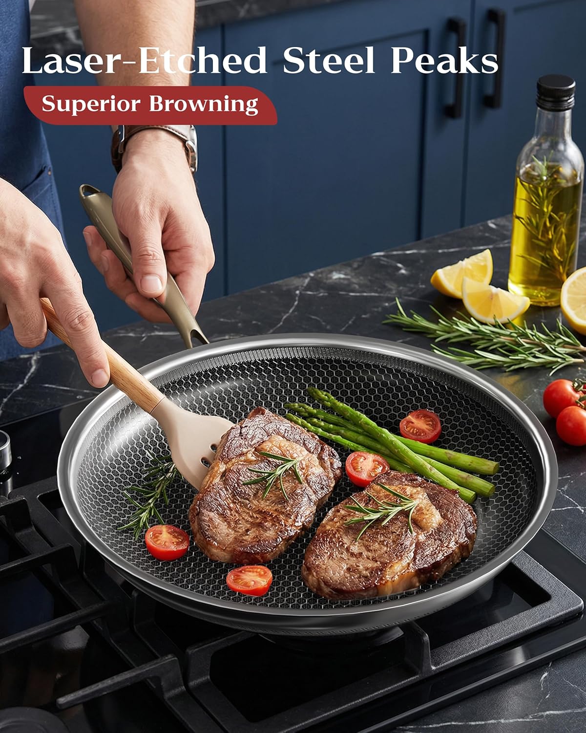 Frying Pan Nonstick with Lid 12 in, Honeycomb, PFAS-Free, All Cooktops