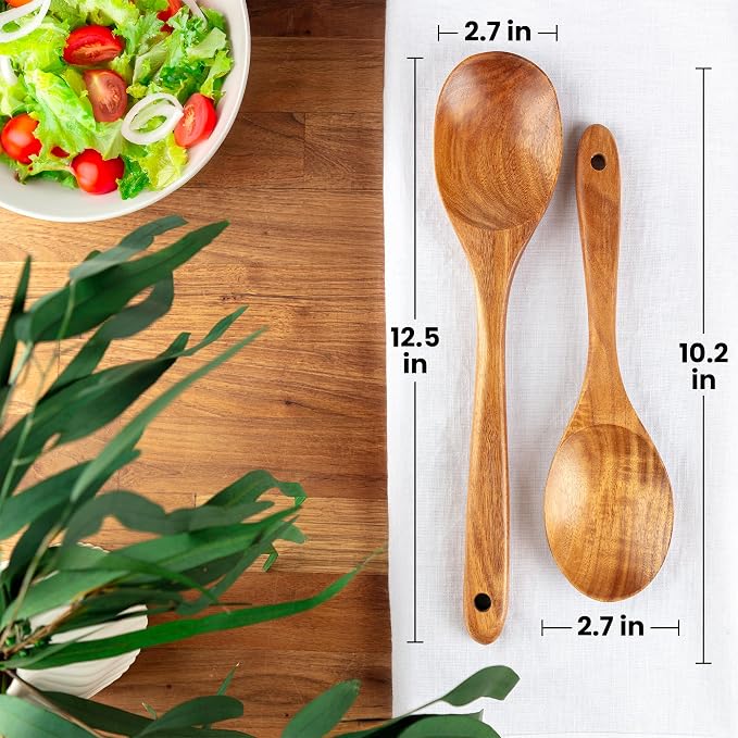 Zulay Kitchen Teak Wood Utensil Set – 2 Piece Large and Small Wooden Cooking - Image 2