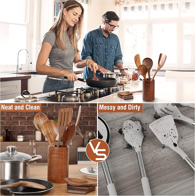 Mooues 9 Piece Natural Teak Wooden Kitchen Utensil Set - Image 5