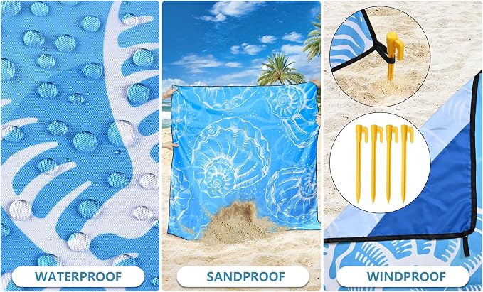 WIWIGO Beach Blanket Waterproof Sandproof Beach Mat 79" X 83"/10'x9'for 2-8 - Image 3
