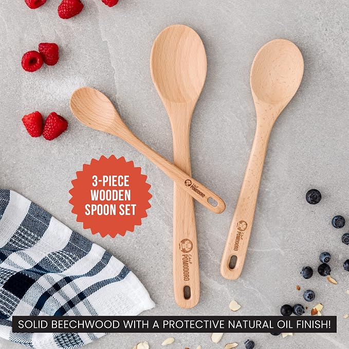 Chef Pomodoro Wooden Spoons for Cooking 3-Piece Set, Solid Beechwood Cooking - Image 3