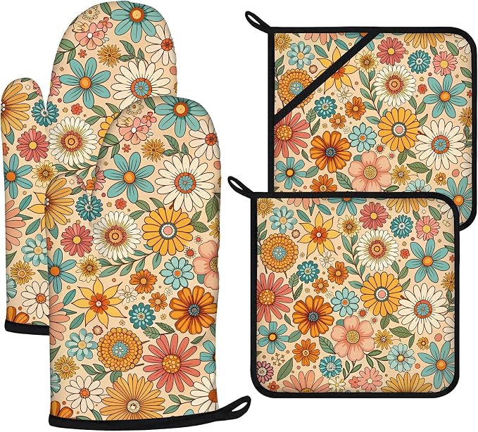 Boho Floral Oven Mitts and Pot Holders Sets 4Pcs, Extra Long Oven Gloves by VisittheDuibelproduct