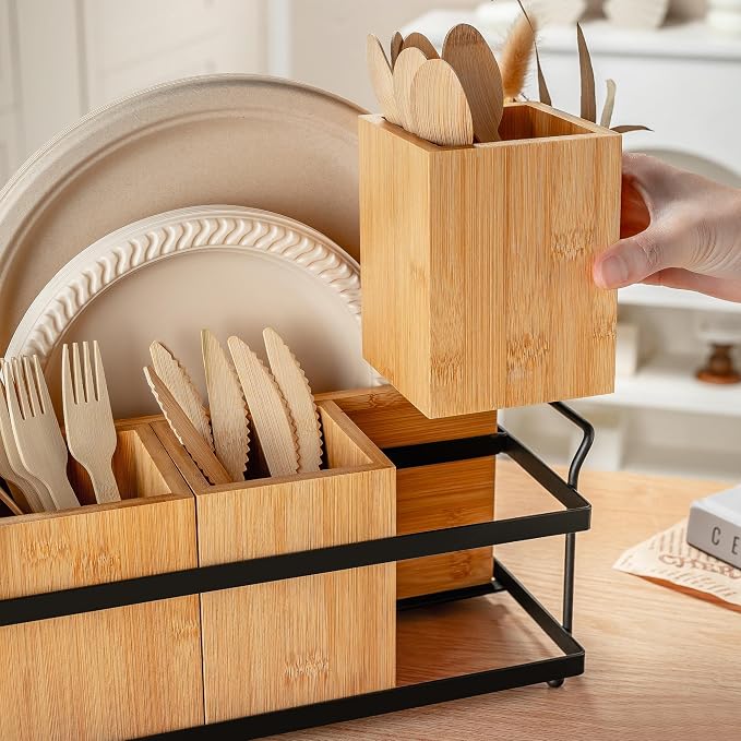 PTSTING Silverware Caddy Wood Utensil Holder Paper Plate Dispenser Silverware - Image 5