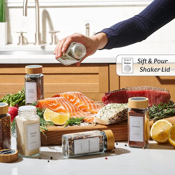 Glass Spice Jars with Label Set, Bamboo Lids & Funnel - Image 2