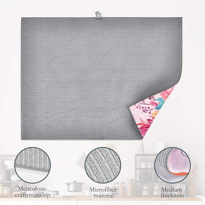 Humming Bird Dish Drying Mats 18x24 Inch, Tropical Flowers Dish Pad Drying Rack - Image 4