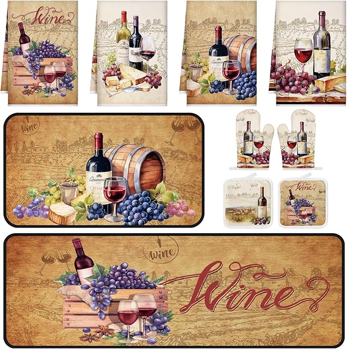 Fourluoo 10 Pcs Wine Kitchen Dish Towels Rugs Oven Mitts and Pot Holders Set by Fourluoo