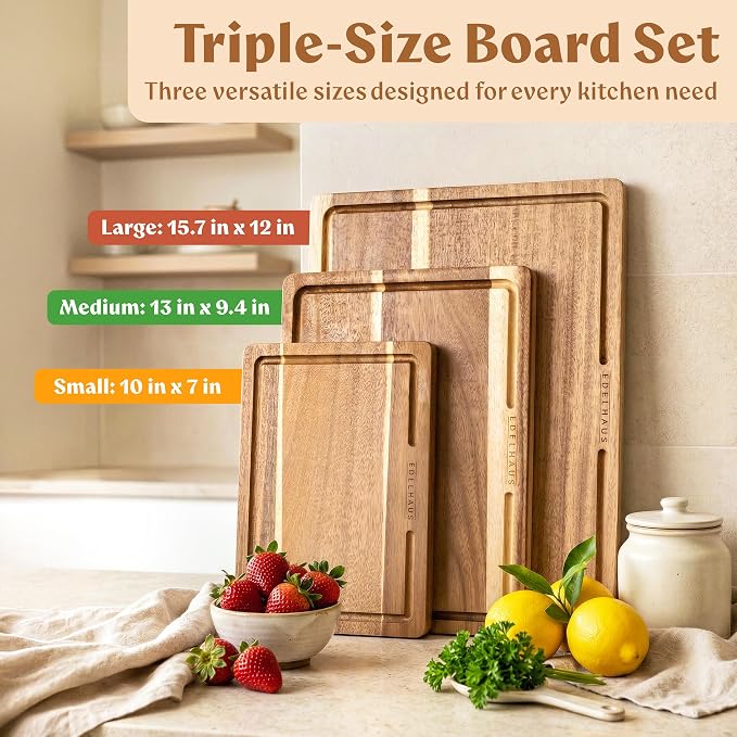 Acacia Wood Cutting Board for Kitchen, Non-Toxic Cutting Board Set of 3 - Image 2