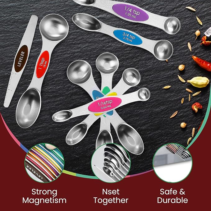 Magnetic Measuring Spoons Set of 9 Stainless Steel Dual-Sided Stackable - Image 6