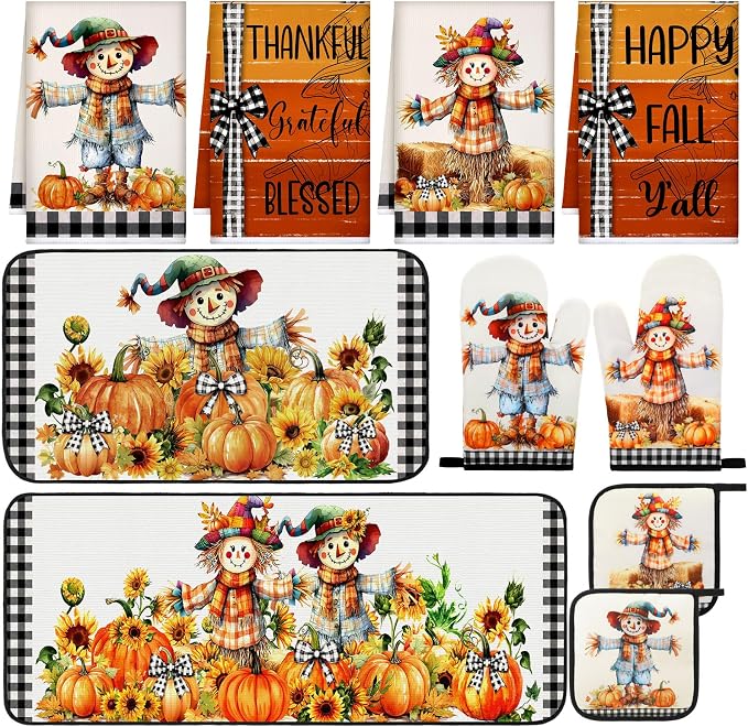 Fanfanwin 10 Pcs Thanksgiving Scarecrow Kitchen Decor Set Kitchen Towels Pot by Fanfanwin